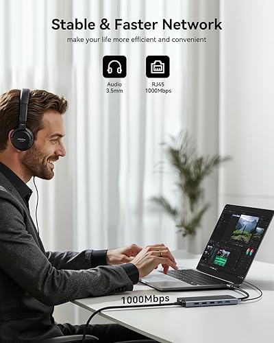 Miniatura 8 de ZMUIPNG Estación de acoplamiento USB C Monitor dual 15 en 1 Estación de acoplamiento para portátil Triple pantalla USB C Hub Adaptador múltiple