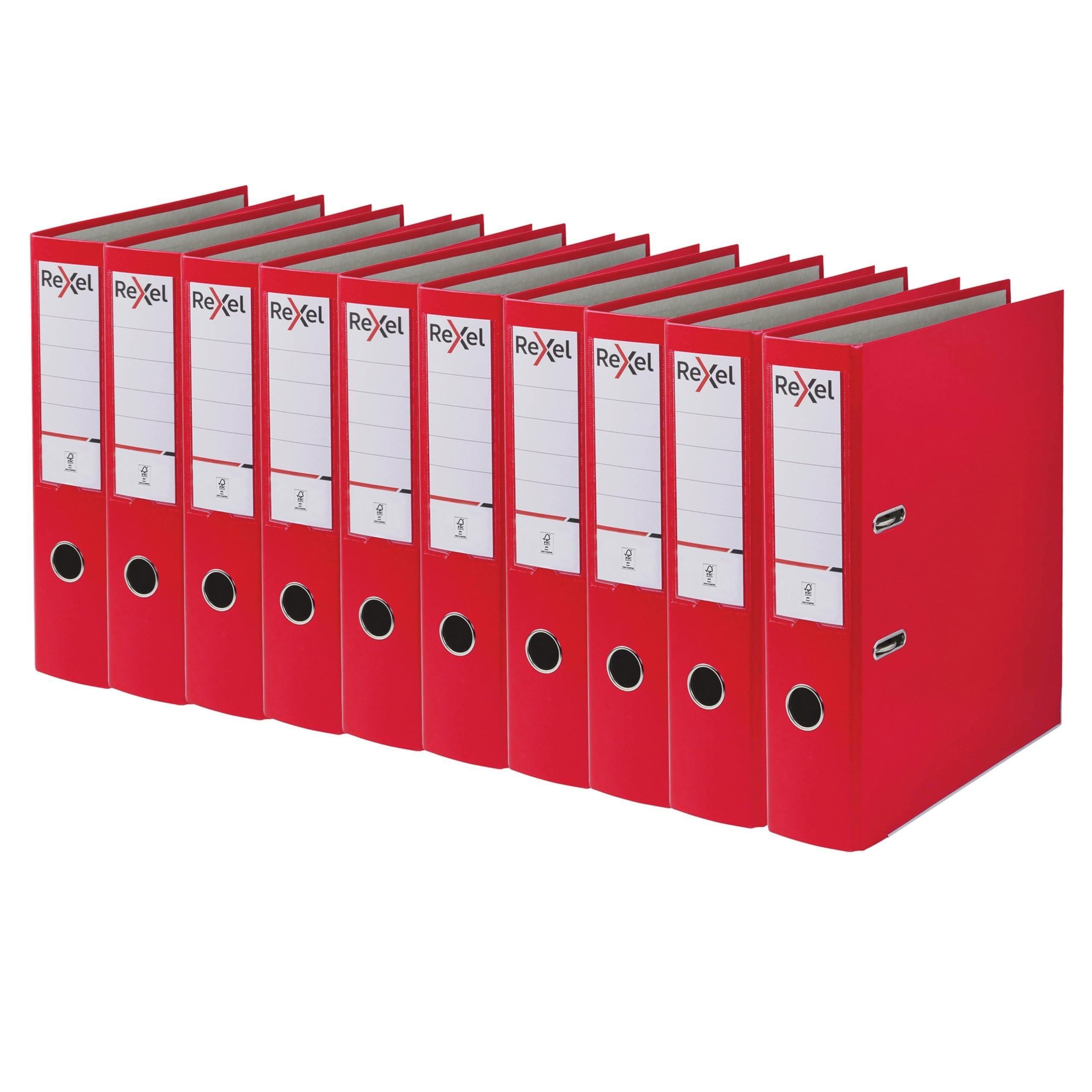 Rexel A4 Lever Arch Files, Red Polypropylene Filing Folders, Durable PP ECO 75 mm Spine Holds Up to 500 Sheets, for A4 Document Storage and Everyday Filing, Pack of 10