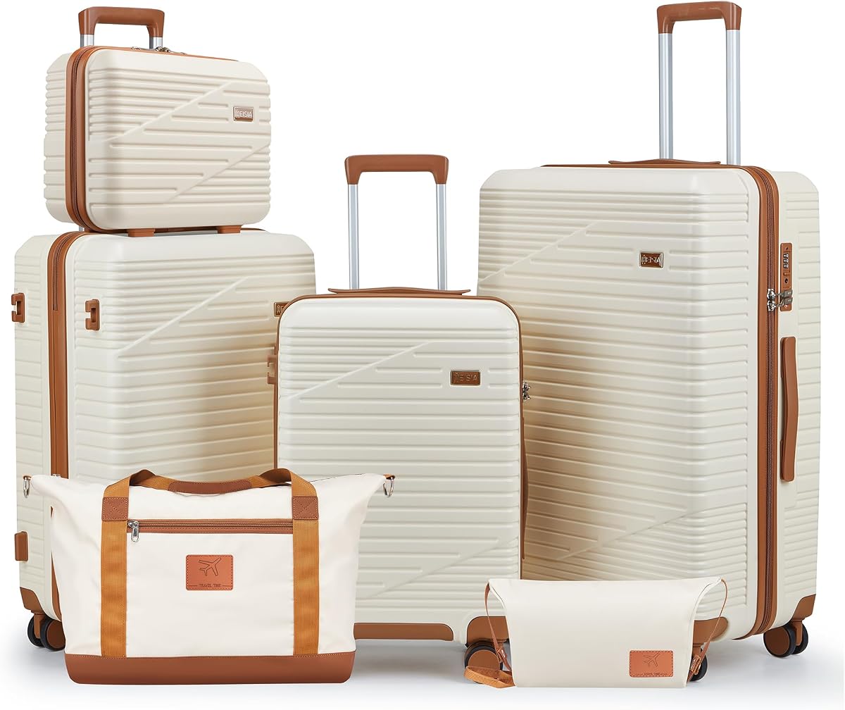NEISIA Luggage Sets,PC+ABS Hard Shell Carry on Suitcase with Spinner Wheels and TSA Lock, Travel Lightweight Luggage Set with Spinner Wheels (Beige, 6 piece sets (14/20/24/28/DB/TB)