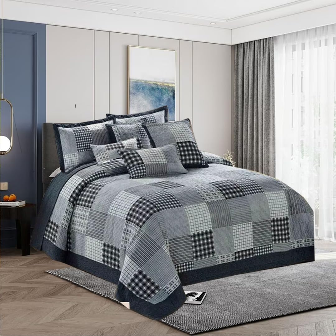 ZIYA HOMES King Size Quilted Reversible Patchwork Bedspread Comforter Bed Throw with Pillow Sham 3-Piece Bedding Set Cotton