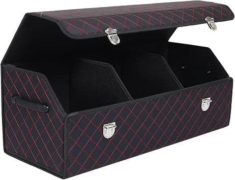 Trunk Organizer with Lid for Car Foldable Storage Box Heavy Duty PU Leather Cargo Organizer for SUV Sedan Waterproof (Red, Large)