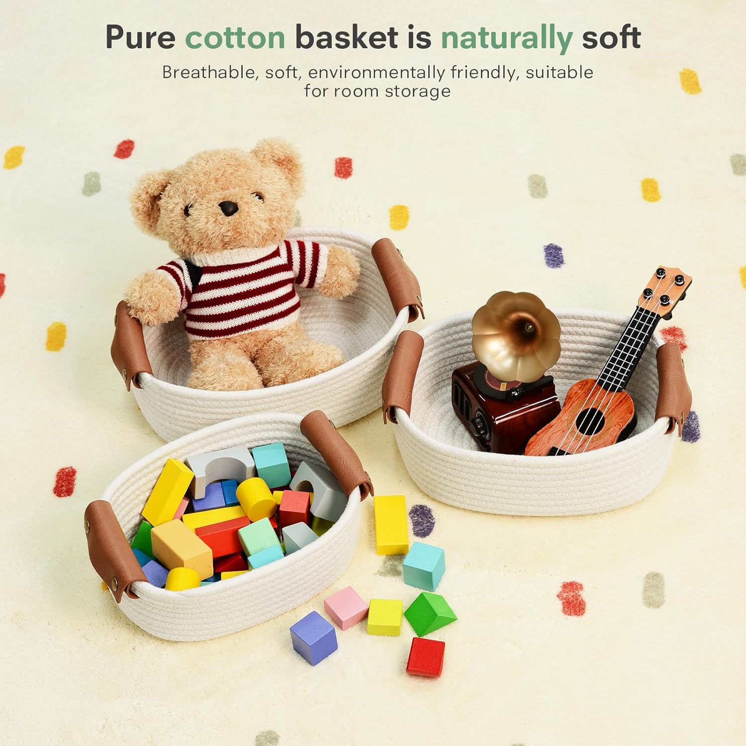 ECDYQXVU 5 Piece Storage Baskets Small Woven Basket with Detachable Leather Handle, Cotton Rope Shelf Baskets for Closet Organizers, Different Sizes Basket Decor, White