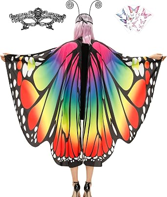 Butterfly Cape Costume Adult, Halloween Butterfly Wings Costume Women Colorful Festival Butterfl Wings Shawl Cape