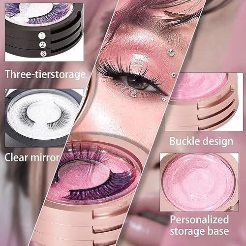 Miniatura 4 de Caja de almacenamiento de pestañas, paquete de 2 fundas para pestañas con espejo, caja de pestañas circular de 3 capas con soporte para pestañas,