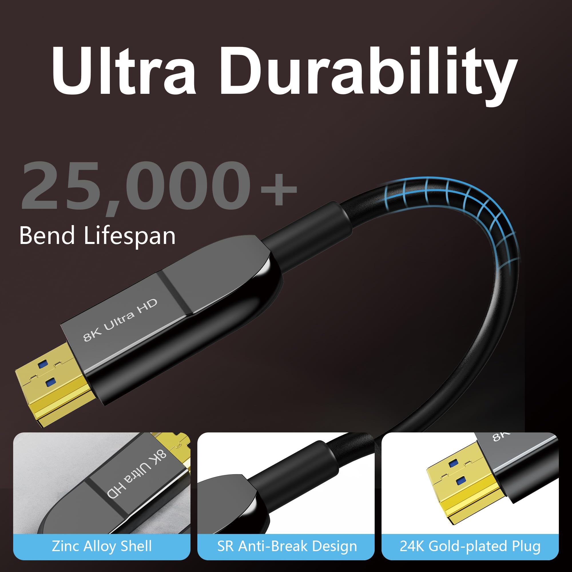 Cavo HDMI in fibra ottica 8K, 30 m, lungo attivo HDMI 2.1, 48 Gbps, ad altissima velocità, 8K a 60 Hz, 4K a 120 Hz, HDR10, eARC 3D HDCP 2.3, compatibile per laptop, PC, monitor, PS5, PS4, Xbox, HDTV