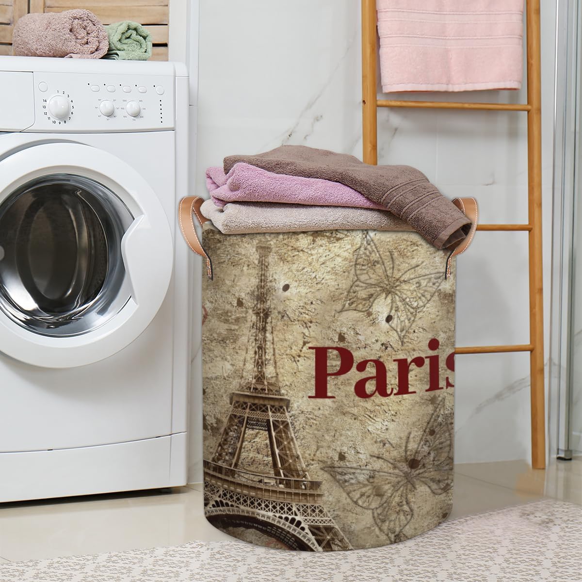 Paris Theme Collapsible Laundry Basket Large Laundry Hamper Waterproof Storage Bins with Leather Handles Clothes Nursery Hampers for Bathroom Bedroom Toy Organizer, Eiffel Tower
