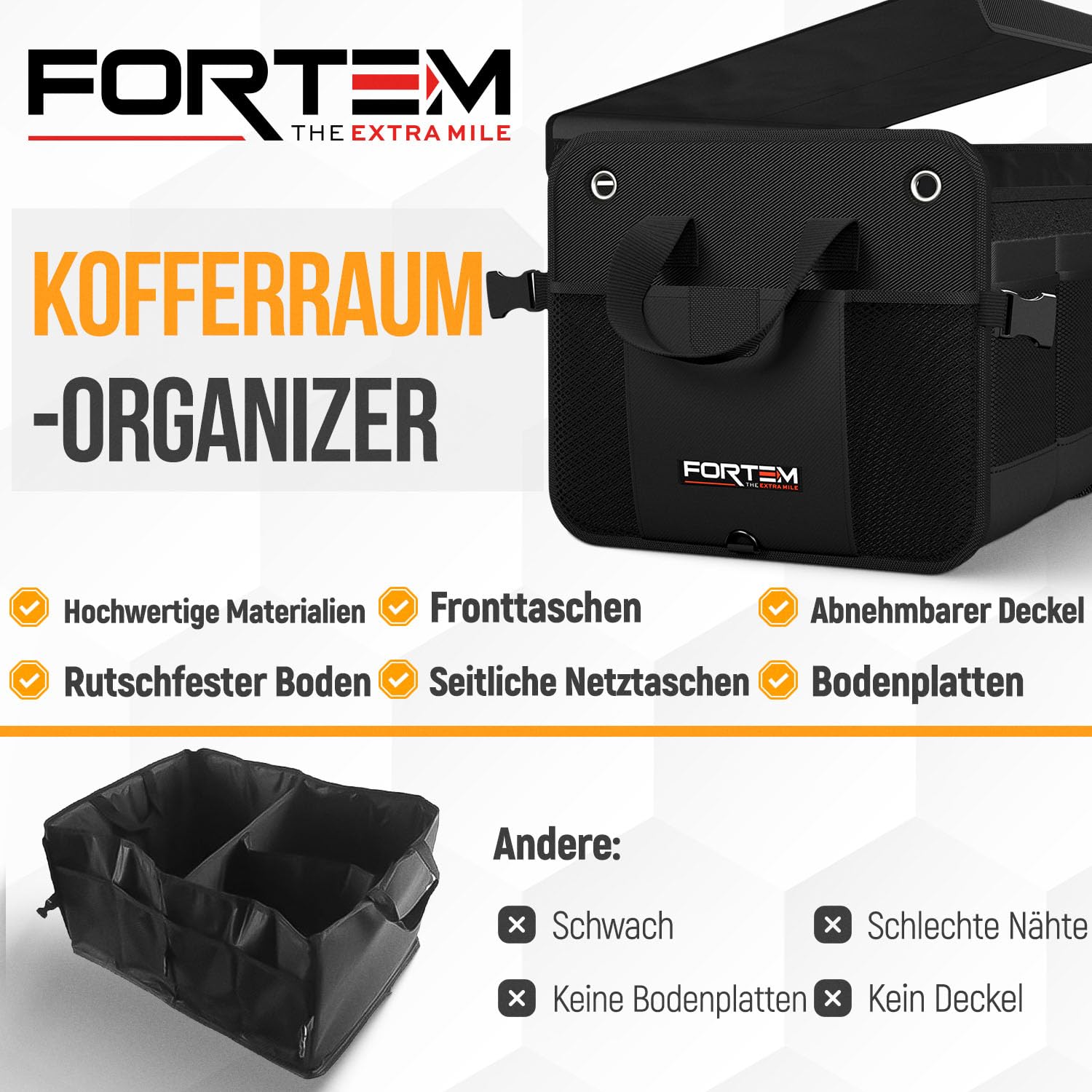 FORTEM Kofferraum Organizer, Zusammenklappbarer Auto Organizer mit Fächern, Rutschfester Boden, Verstellbare Sicherungsriemen, Klappbarer Deckel (90L)