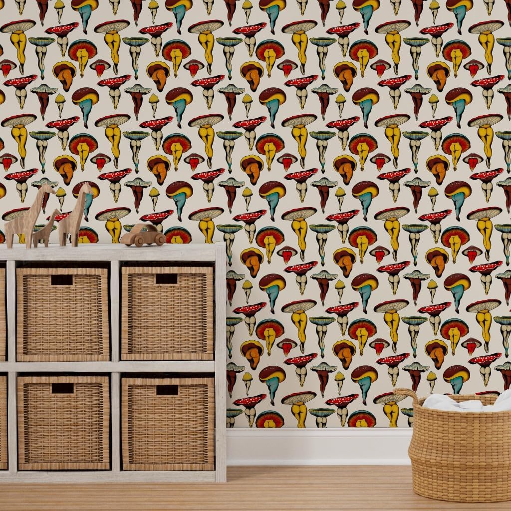 Removable Wallpaper 9ft x 2ft - Mushroom Booty Vintage Cute Kitsch Cottagecore Colorful Retro Custom Pre-Pasted Wallpaper by Spoonflower