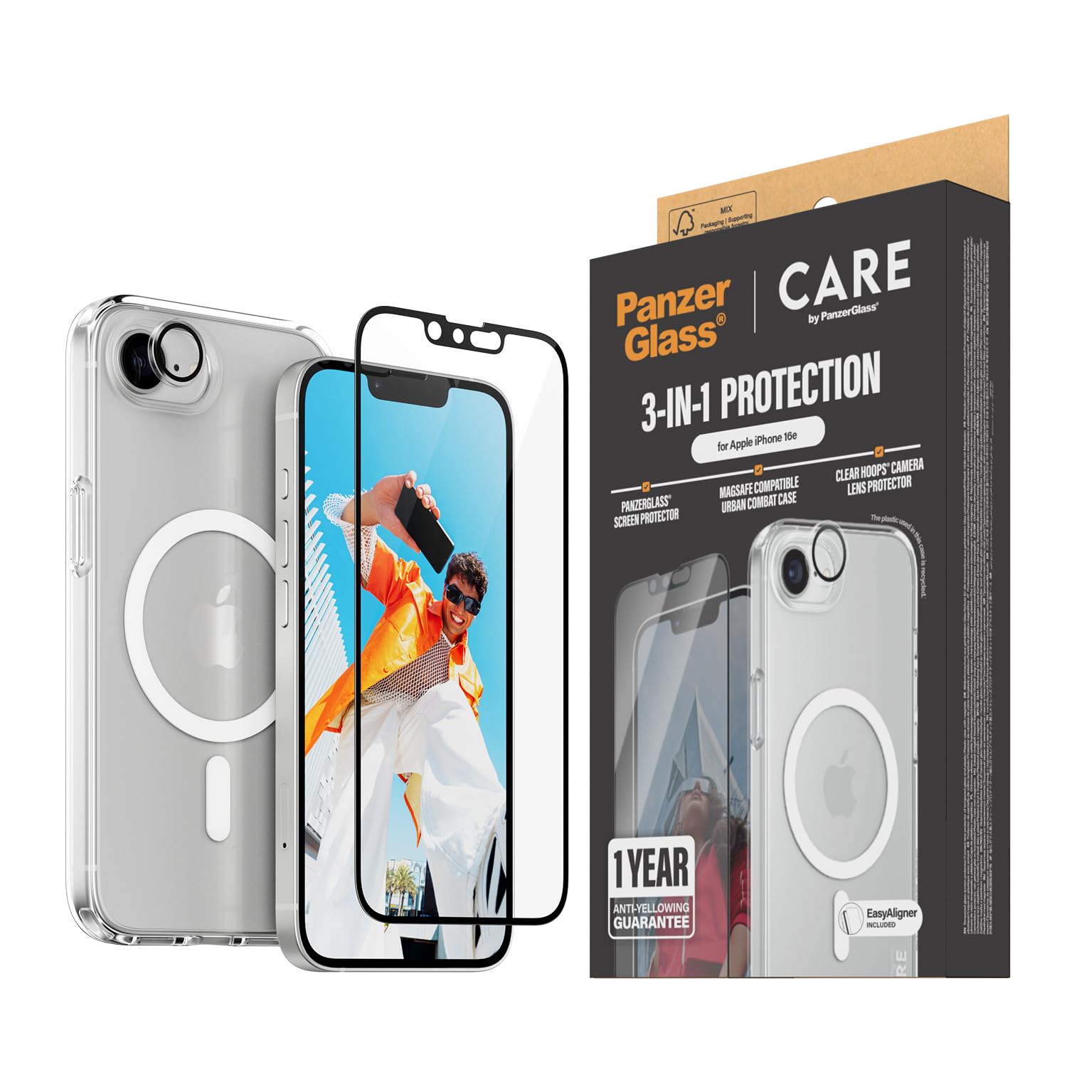 PanzerGlass CARE by 3-in-1 - Funda para iPhone 16e (2025) + protector de pantalla para objetivo de cámara Hoops, protector de pantalla de cristal templado para iPhone 16e