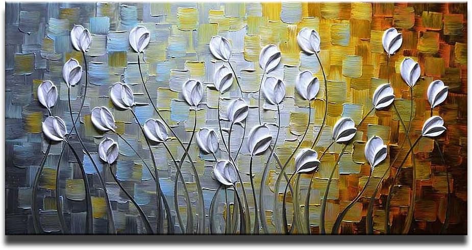 Asdam Art - Oil Paintings on Canvas Budding Flowers 100% Hand-Painted On Canvas Abstract Artwork Floral Wall Art Decorative Pictures Home Decor White (20X40 inch)