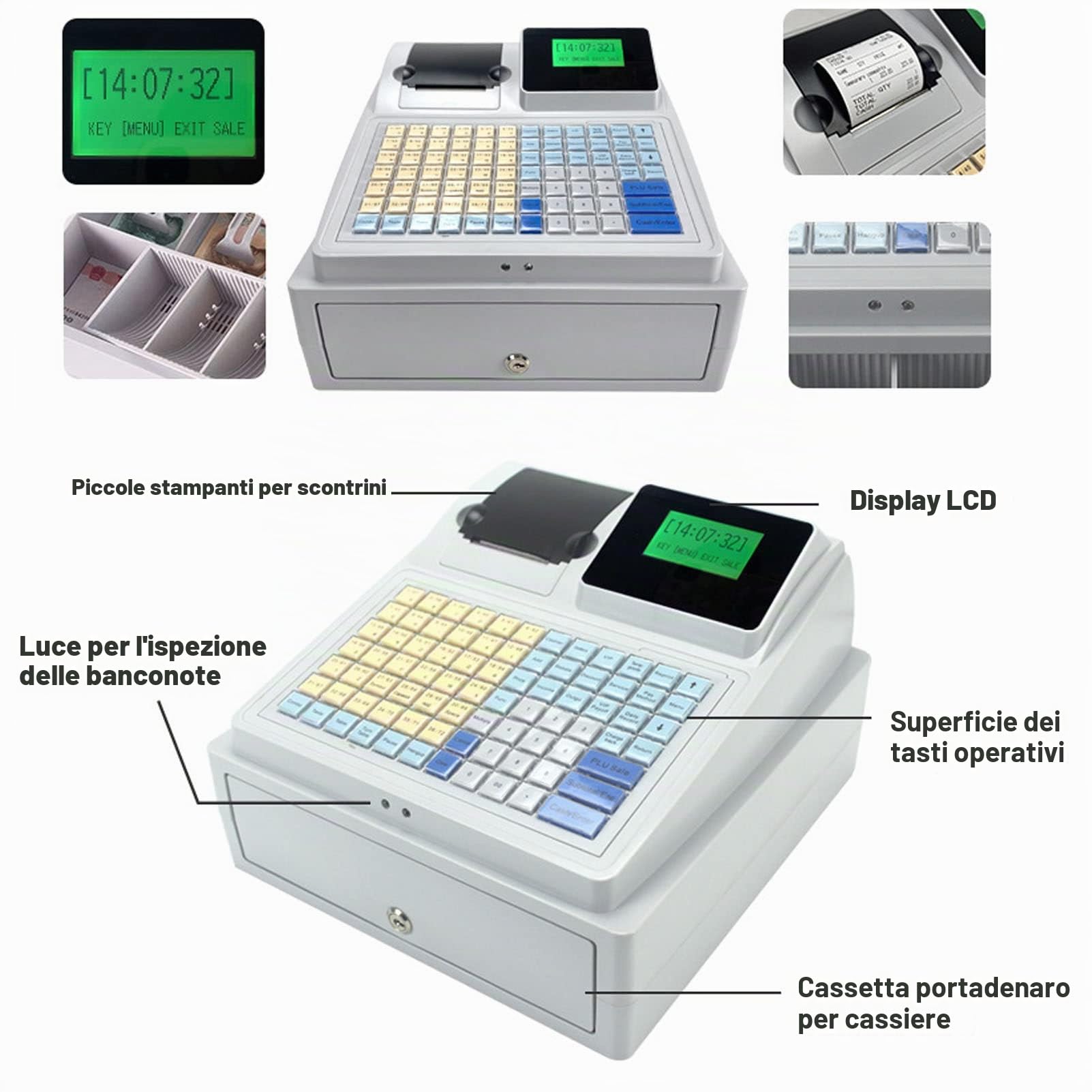 Registratore di Cassa Commerciale, Sistema POS elettronico con Vassoio Rimovibile e Stampante Termica, Multifunzione a LED a 81 Chiavi per Le Piccole Imprese