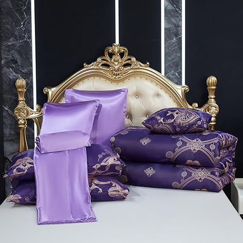 Miniatura 5 de Juego de edredón morado tamaño Queen, juego de sábanas de satén jacquard de 8 piezas bordado neoclásico floral elegante cama decoración del hogar,