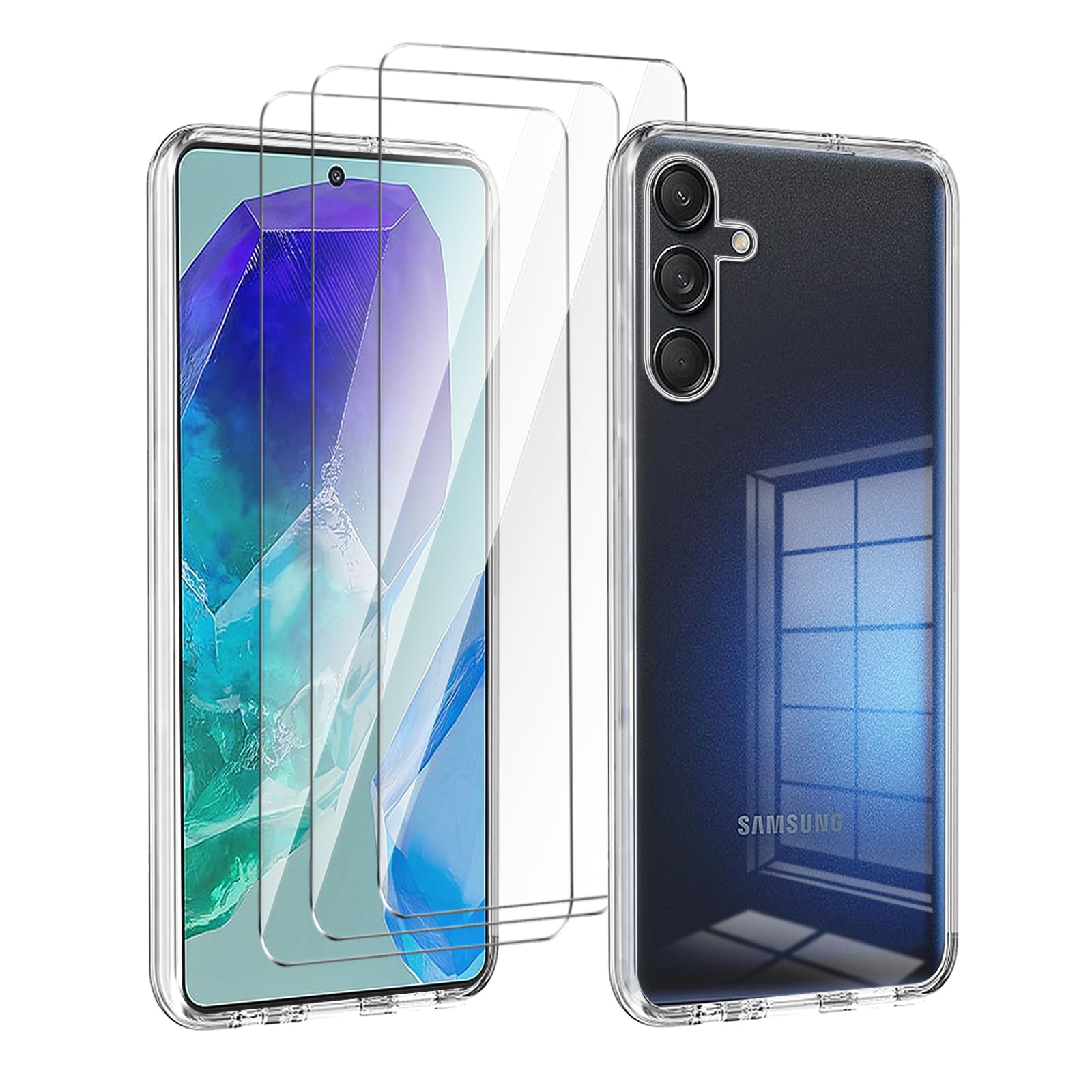 LYZXMYCover for Samsung Galaxy M55 5G/C55 5G (6.7 Inches) Transparent Case + 3 Pieces Tempered Glass Screen Protector, Ultra Thin Protective Silicone Bumper TPU Soft Gel Case