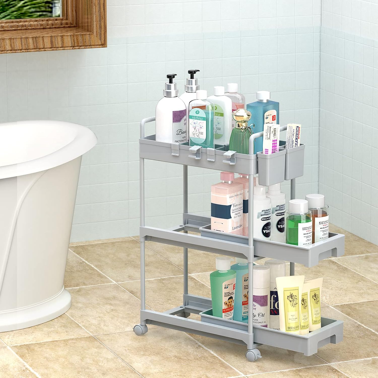 SPACEKEEPER Rolling Storage Cart, Slide Out Bathroom Organizer 3-Tier Laundry Room Organization Shelf Mobile Utility Cart with Hanging Cups, Dividers for Kitchen Bathroom Narrow Spaces, Grey