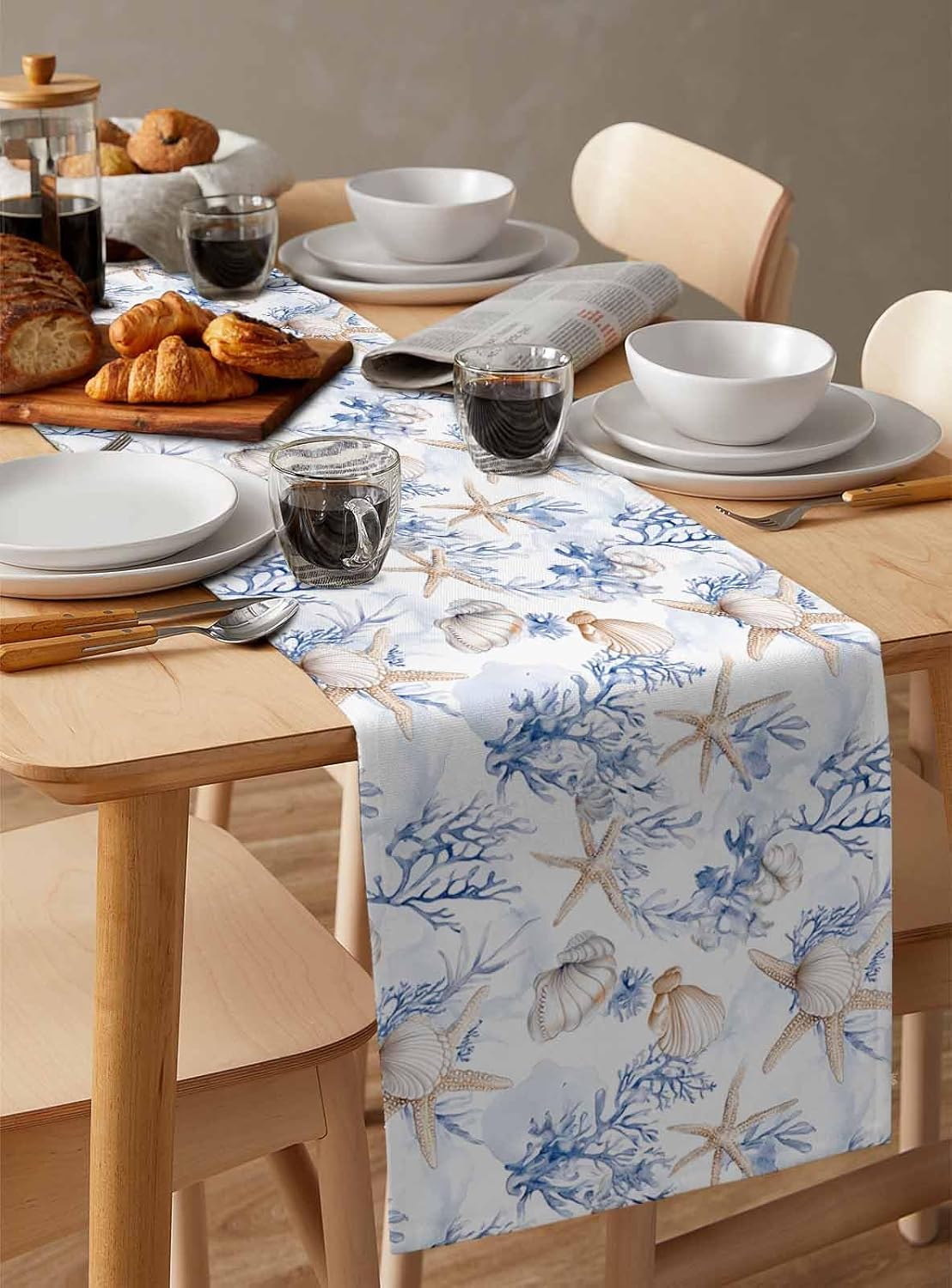 Summer Table Runners 72 Inches Long Ocean Starfish Coral Moder Art Table Runner for Family Dinner/Wedding/Outdoor Indoor Party, Cotton-Polyester Blend Dresser Scarf Table Decorations