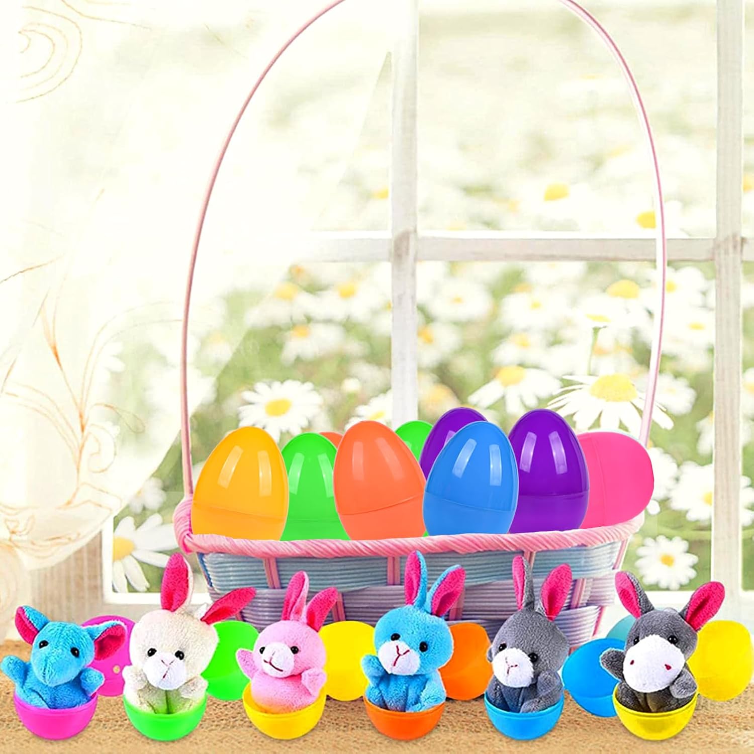 Easter Eggs Filled with Finger Puppets for Toddlers, Easter Basket Stuffers for Boys Girls, Plastic Easter Egg Filler for Kids Pinata Toys, Party Game Prizes, Goodie Bag Fillers, 12 Packs