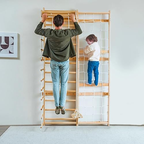 Miniatura 2 de Avenlur Gimnasio de pared con escalera sueca 5 en 1 Neem, con escalador de pared de carga, columpio de escalera sueca, escalera de cuerda, barra de