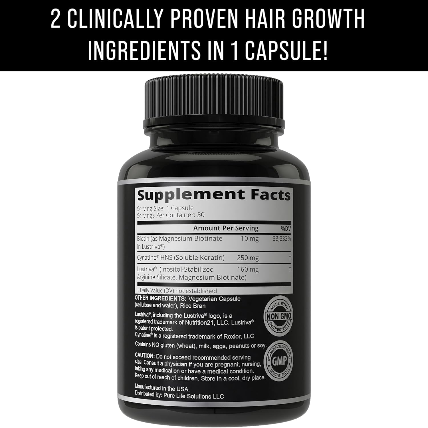 Lustriva Hair Growth Supplement + Cynatine HNS Keratin - 2 Clinically Proven Ingredients in 1 Capsule. Biotin 10000mcg and Soluble Keratin. Vitamins for Hair & Skin. Supplements for Women & Men