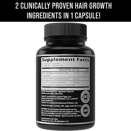 Miniatura 6 de Lustriva Suplemento para el crecimiento del cabello + queratina de cinatina HNS, 2 ingredientes clínicamente probados en 1 cápsula. Biotina 10000mcg