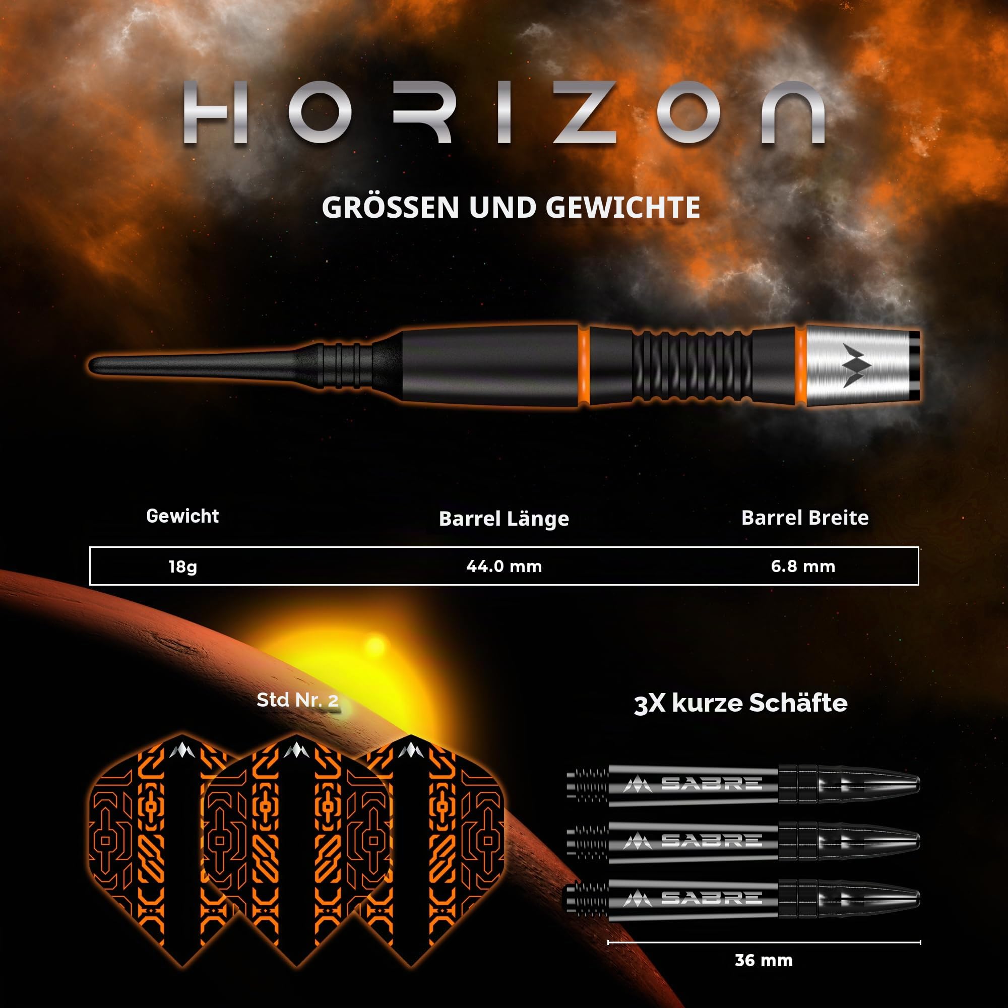 Mission Darts Horizon Dartpfeile mit weicher Spitze, 95 % Wolfram, schwarzes PVD und Orange, 18 g