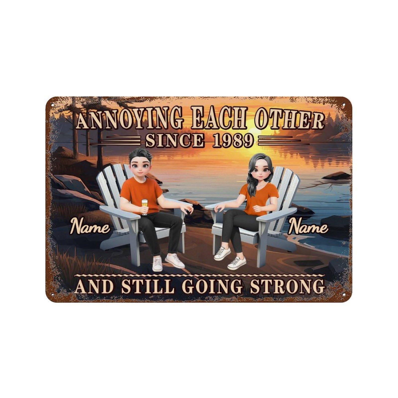 Custom Annoying Each Other Since Sunset Lake View Couple Metal Sign for Wife Husband Grandparents Personalized Couple Name Cartoon Portrait Rustic Plaque for Patio Garden Farmhouse Porch Man Cave