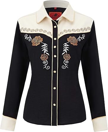 DIFICIL SLOG Womens Embroidered Western Cowgirl Snap Button Down Shirt with Stretch Long Sleeve Loose Blouse