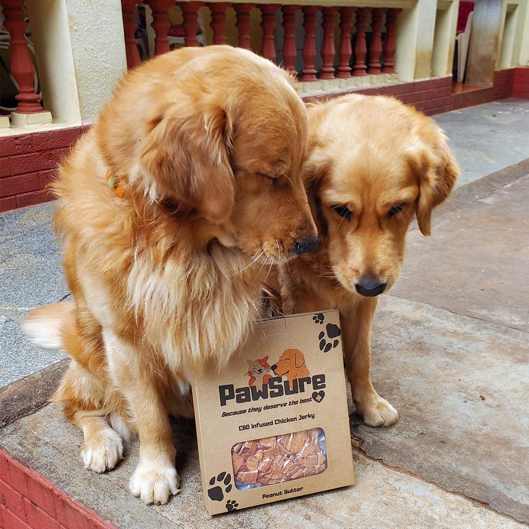 PAWSURE - CBD Infused Peanut Butter Chicken Jerky 125g - with Premium CBD Isolates - 0% THC - 100% Organic - Vacuum packed - No herbicides - No pesticides - Free from chemicals - CBD dog treats - Suitable for all breeds