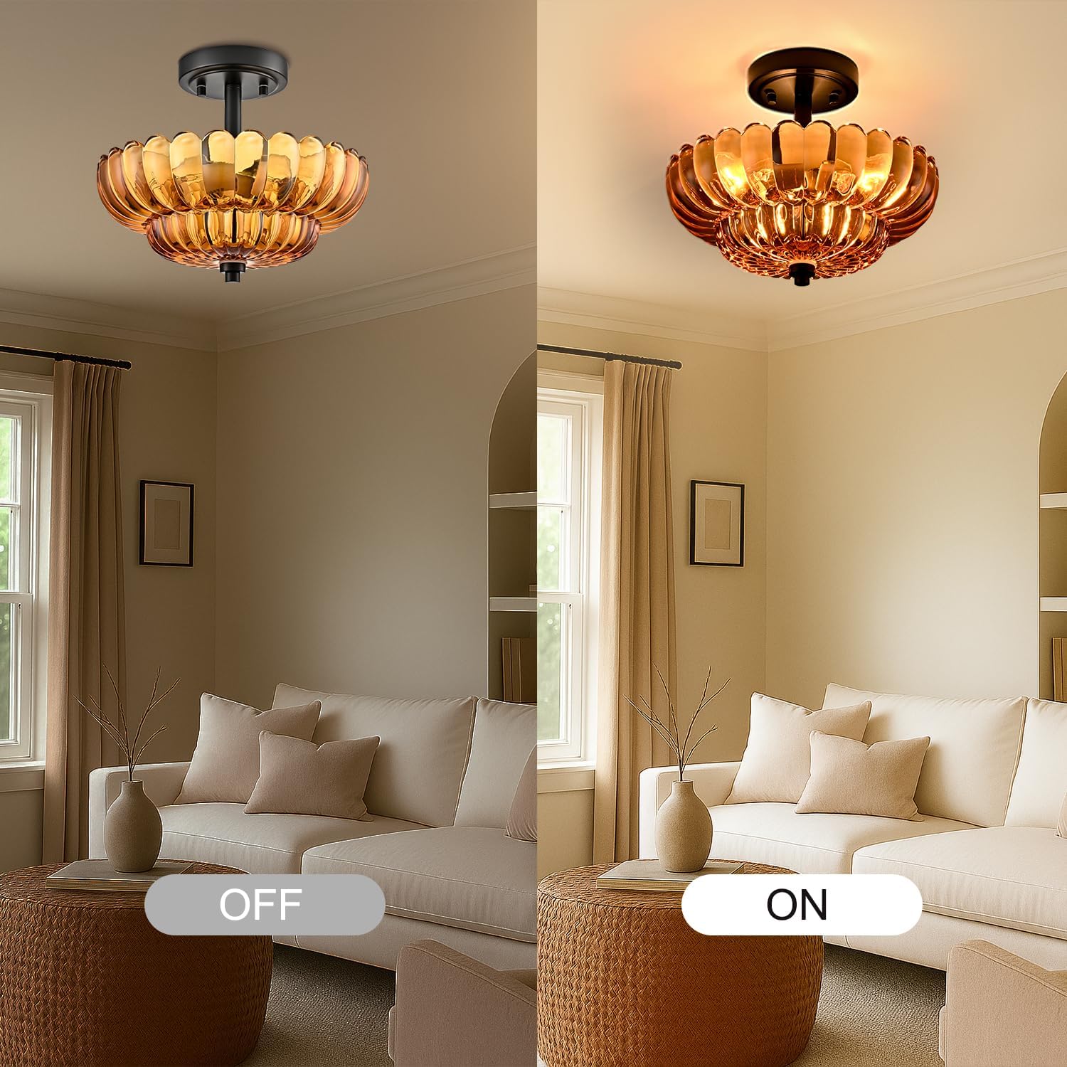 Semi Flush Mount Ceiling Light Fixture, Amber Glass 3-Light Modern Vintage Ceiling Lights, Scalloped Close to Ceiling Light, Black Base Flush Mount Ceiling Light for Hallway Bedroom Entryway Kitchen