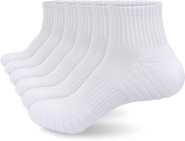 White Black Running Trainer Sports Walking Ankle Socks for Women 4-7/Men 9-12, Womens Ladies Cushioned Anti Blister Non Slip Work Hiking Support Cotton Socks 3 Pairs