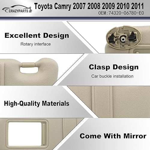 Miniatura 3 de Visera solar del lado izquierdo del conductor sin luz compatible con Toyota Camry 2007 2008 2009 2010 2011 Número de repuesto 74320-06780-E0 color