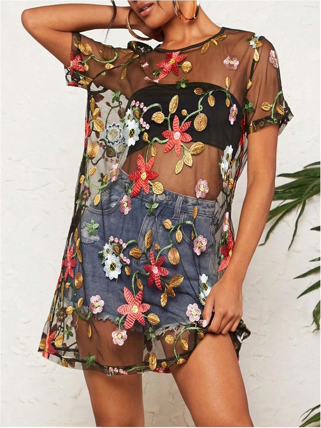 GORGLITTER Women's Embroidered Floral Mesh Tops Dressy Y2K Cute Mesh Shorts Sleeve Crew Neck See Through Going Out Tops - Image 5