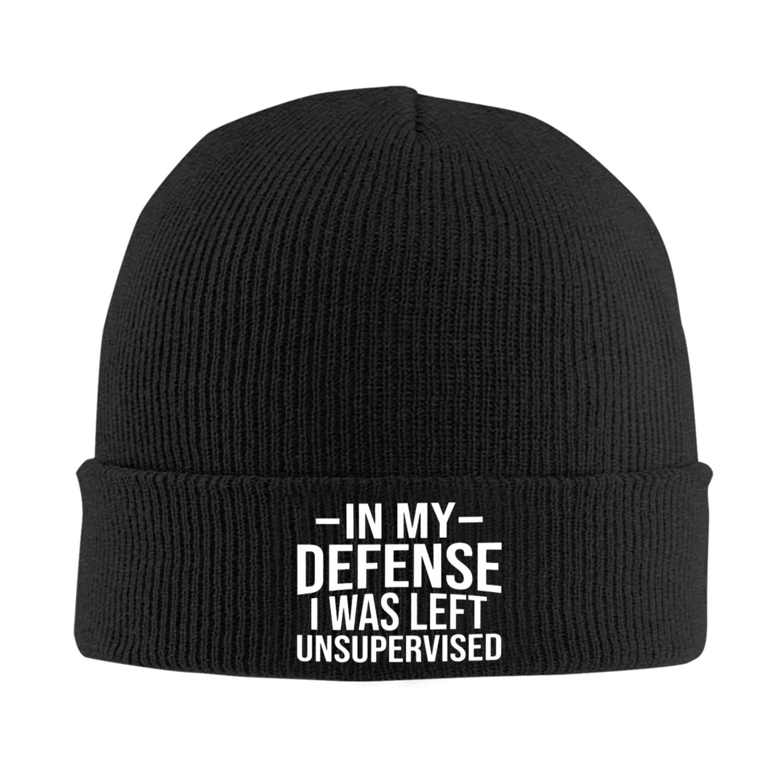 in My Defense I was Left for Unsupervised Hat Knitted Winter Funny Beanie for Men Women Cute Knit Cap Black