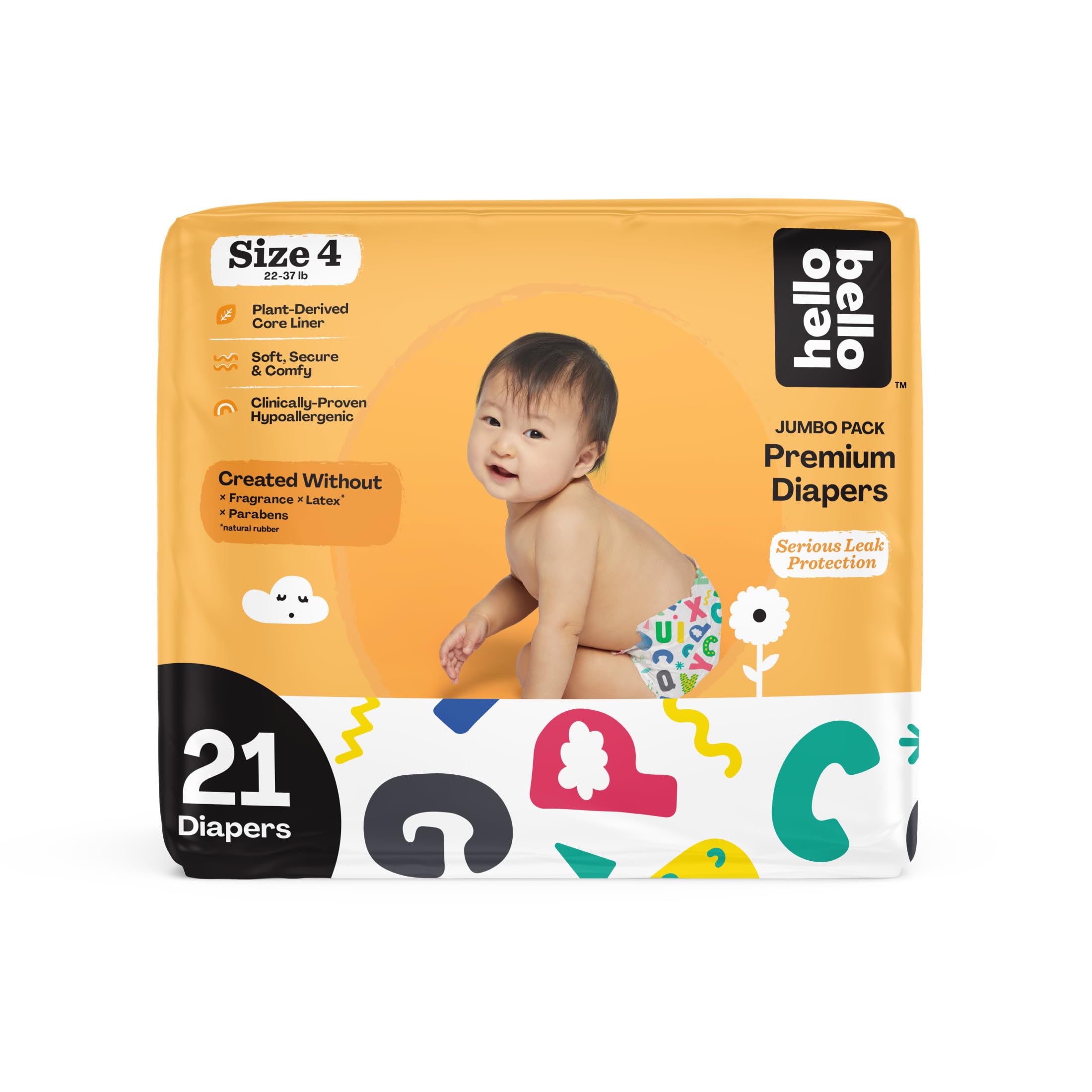 Hello Bello Premium Baby Diapers Size 4, 21 Count of Disposable, Extra-Absorbent, Hypoallergenic Baby Diapers with Snug and Comfort Fit, Alphabet Soup