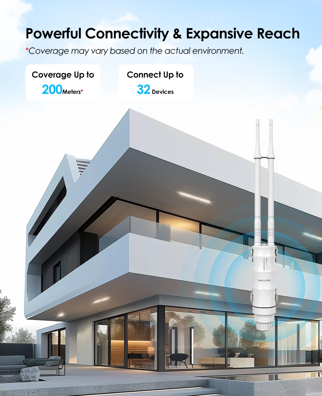 WAVLINK AC1200 Répéteur WiFi Extérieur Longue Portée PoE - Amplificateur Signal Double Bande 2.4G + 5G IP67 Étanché, Point d'Accès Outdoor avec Antennes Puissantes, Idéal Jardin Piscine Parking - 5