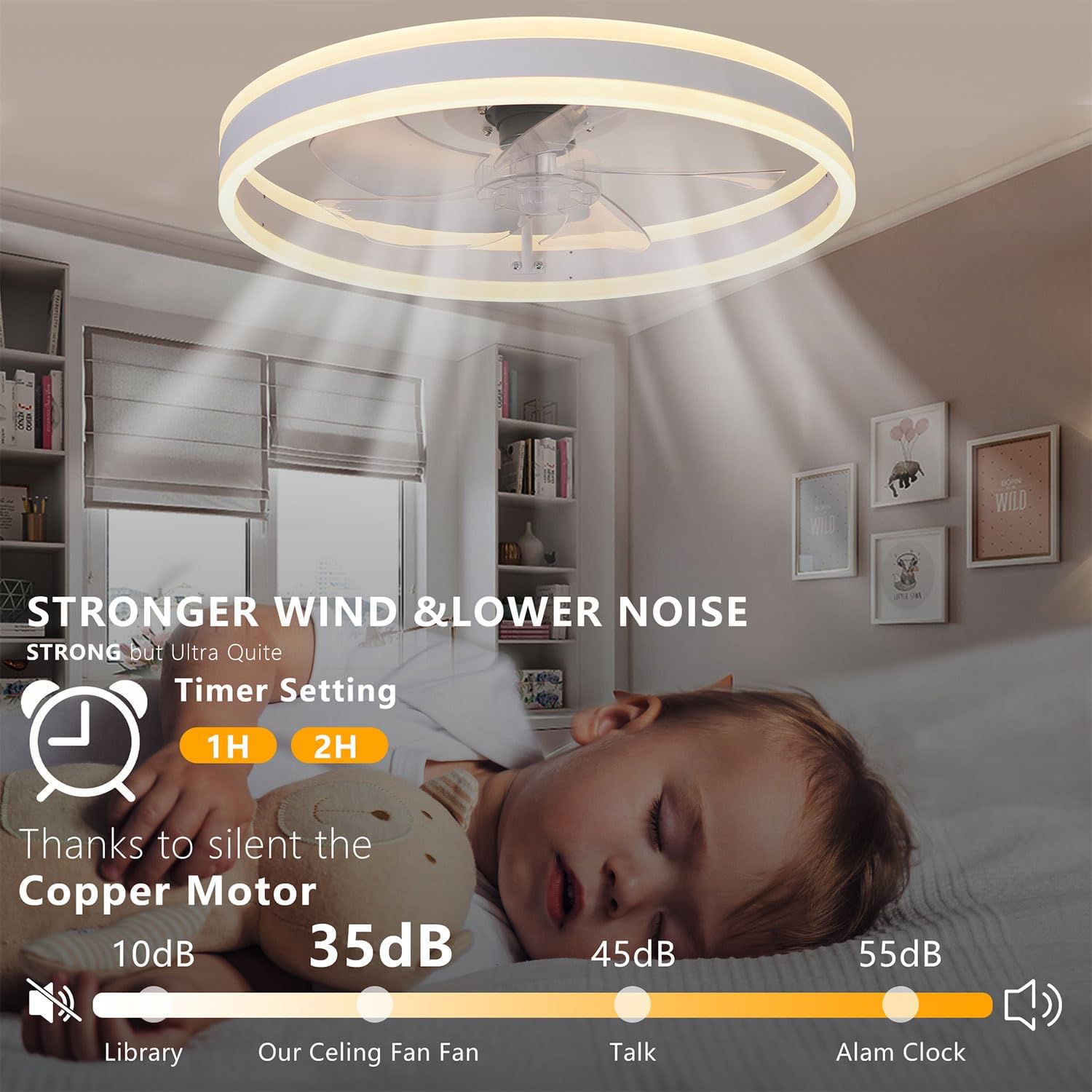 Modern Dimmable Ceiling Fans with LED Lights, Remote/App Control, 19.7'' Low Profile Fandelier Flush Mount Fan Light, 6 Speeds Smart Bladeless Ceiling Fan for Bedroom, Living Room,White
