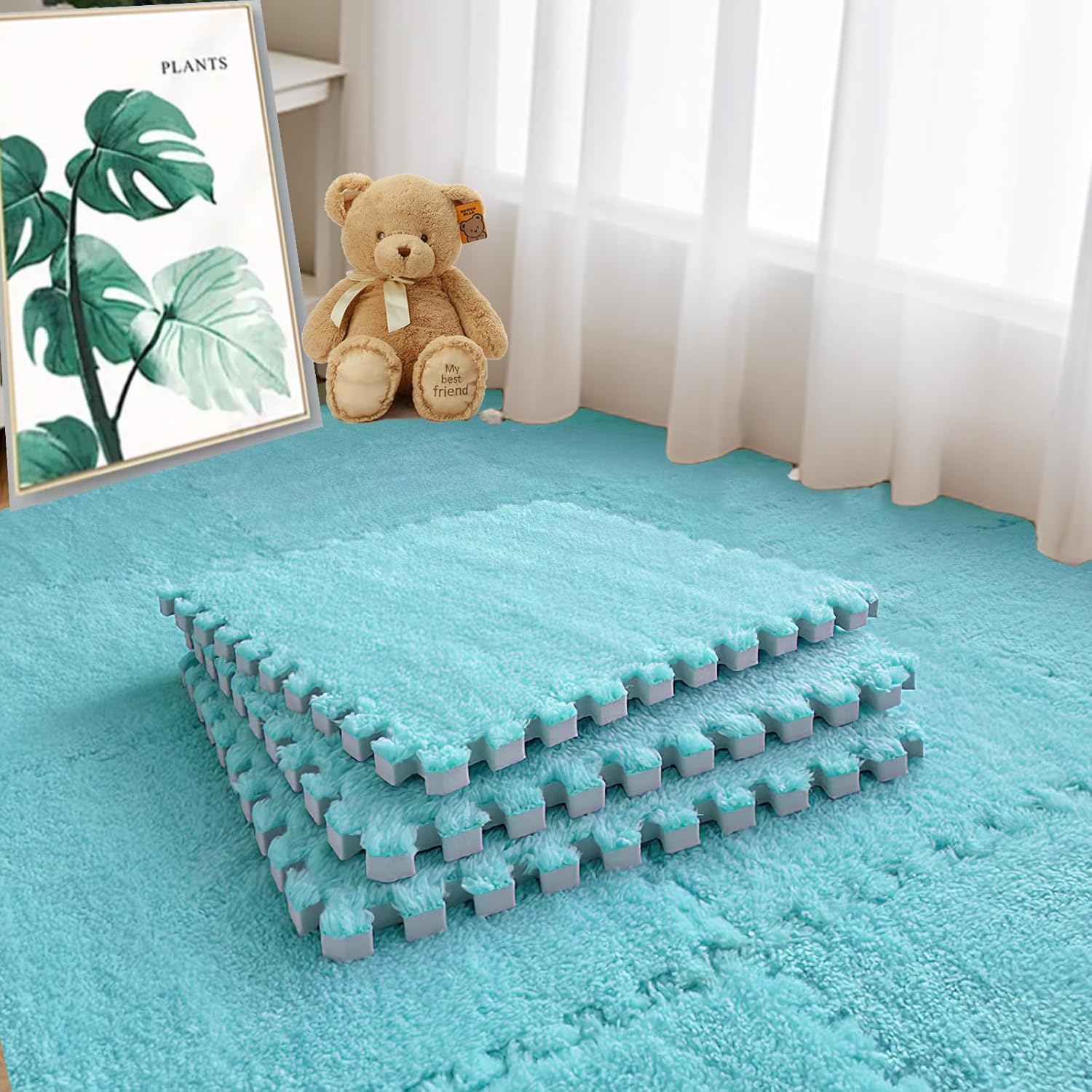 16pcs 0.6" Thickened Interlocking Tile Mats,Fluffy Shaggy Soft EVA Foam Area Rug for Living Room & Bedroom,Non-Slip Protective Floor Carpet Play Mat Kids Baby Dorm Home Decor (11.8ft, Purple)