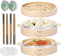 MacaRio 10-Inch Bamboo Steamer Basket Set with Side Handles, Chopsticks, Ceramic Sauce Dishes & 50 Paper Liners for Dim Sum, Dumplings