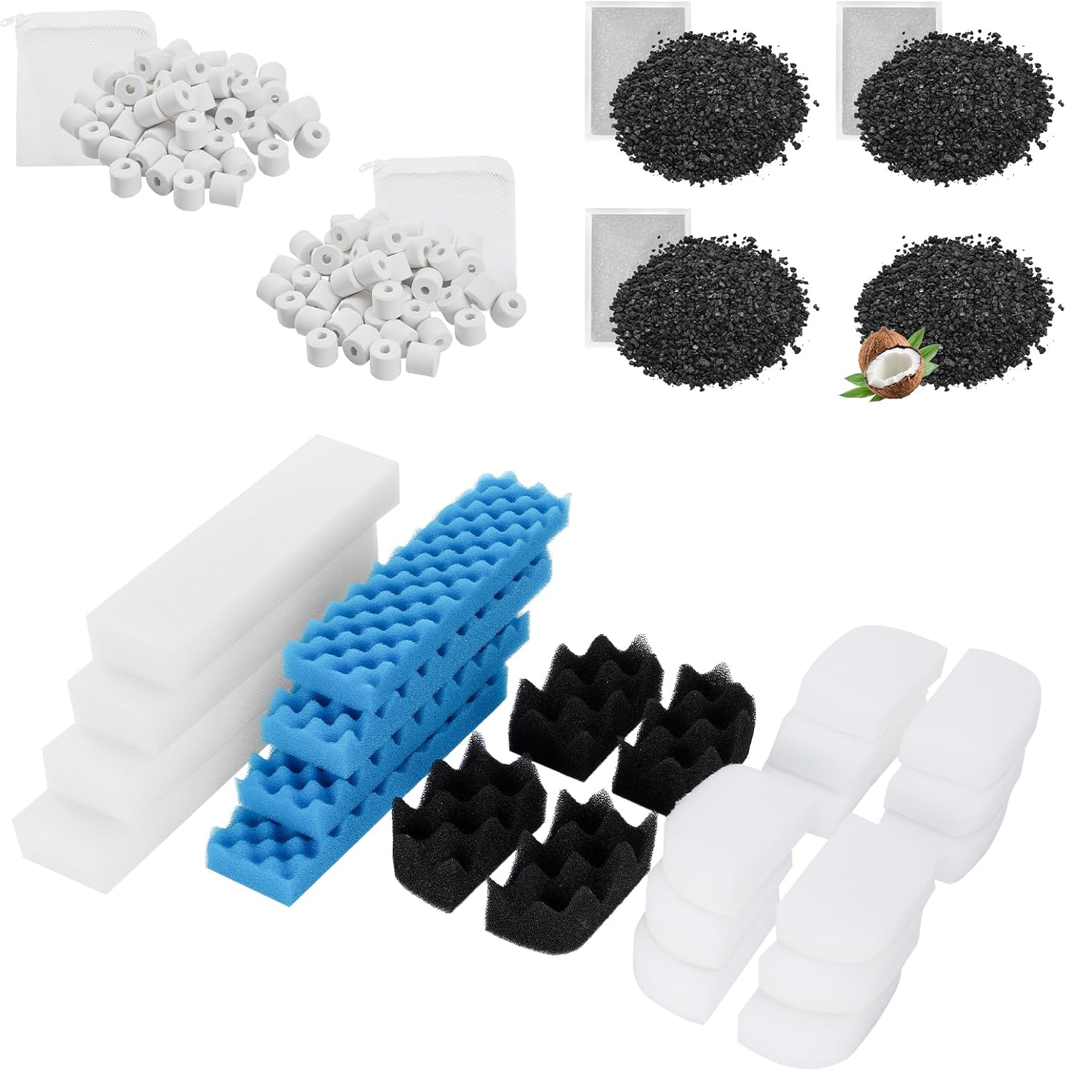 30 Pack Replacement Filter Media Kit Compatible with Fluval 406/407 Aquarium Filters, Including Bio Ceramic Rings, Activated Carbon, Blue, White & Black Bio Foam Value Pack