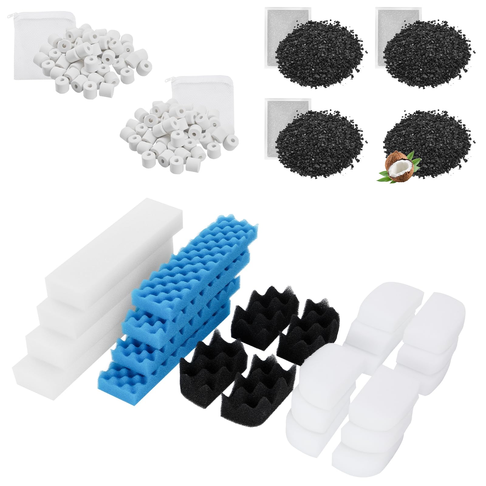 - 30 Pack Replacement Filter Media Kit Compatible with Fluval 406/407 Aquarium Filters, Including Bio Ceramic Rings, Activated Carbon, Blue, White & Black Bio Foam Value Pack