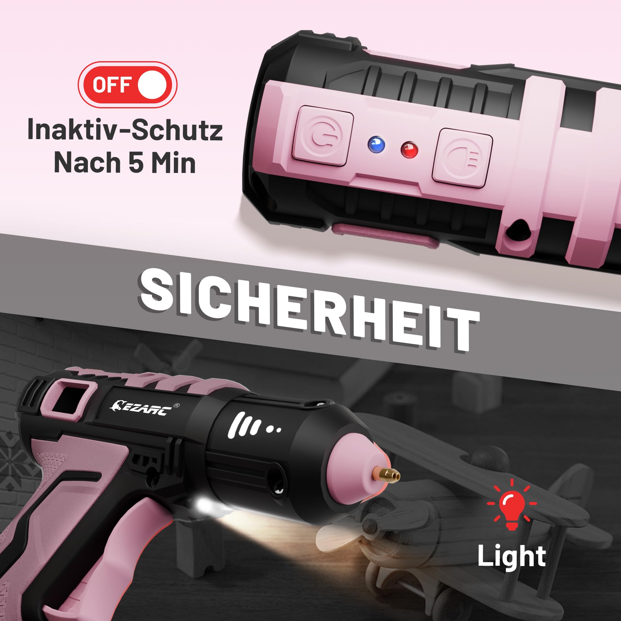 EZARC Heißklebepistole Akku, 15S Schnelle Aufheizung, 12V Heißklebepistole Kabellos für Heimwerkerarbeiten, Heimreparaturen, Schulprojekte, Dekorationen, Heissklebepistole mit 50 Klebestiften, Pink