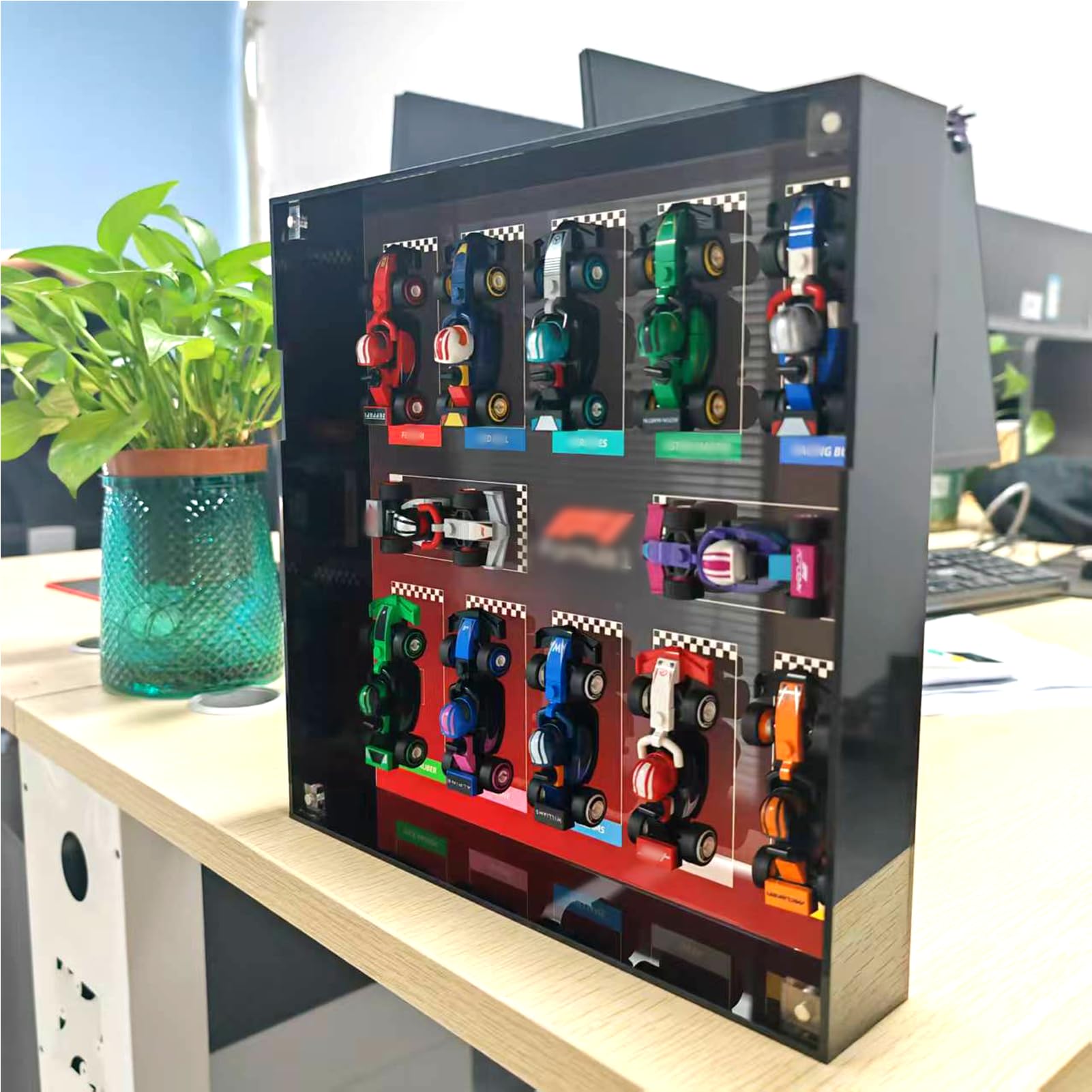 Expositor acrílico para coleccionables de F1 Lego – compatible con 71049, soporte de almacenamiento, barra de montaje en pared 27x27x5 cm