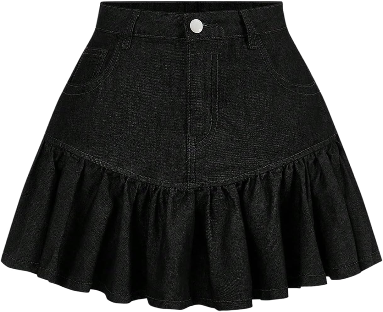 GORGLITTER Women's Denim Jean Skirts Y2k Western Pleated High Waisted Ruffle Short A Line Mini Skirts Going Out Outfits
