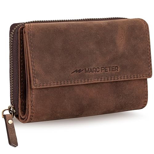Marc Peter® Rosie Damen Geldbeutel Leder RFID Geldbörse Groß Vintage Portemonnaie für Damen Ledergeldbörse mit Reißverschluss in Geschenkbox Echtleder Vintage Braun