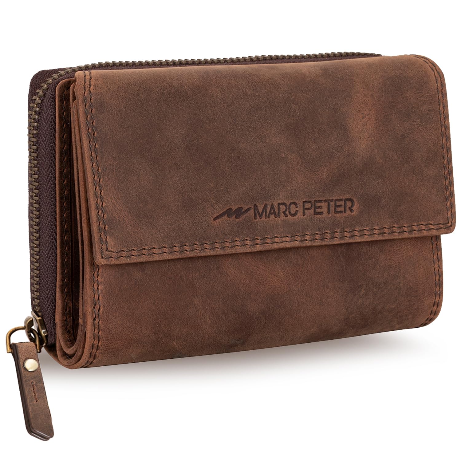 Marc Peter Damen Geldbeutel Leder RFID Geldbörse Vintage Portemonnaie Echtleder Braun