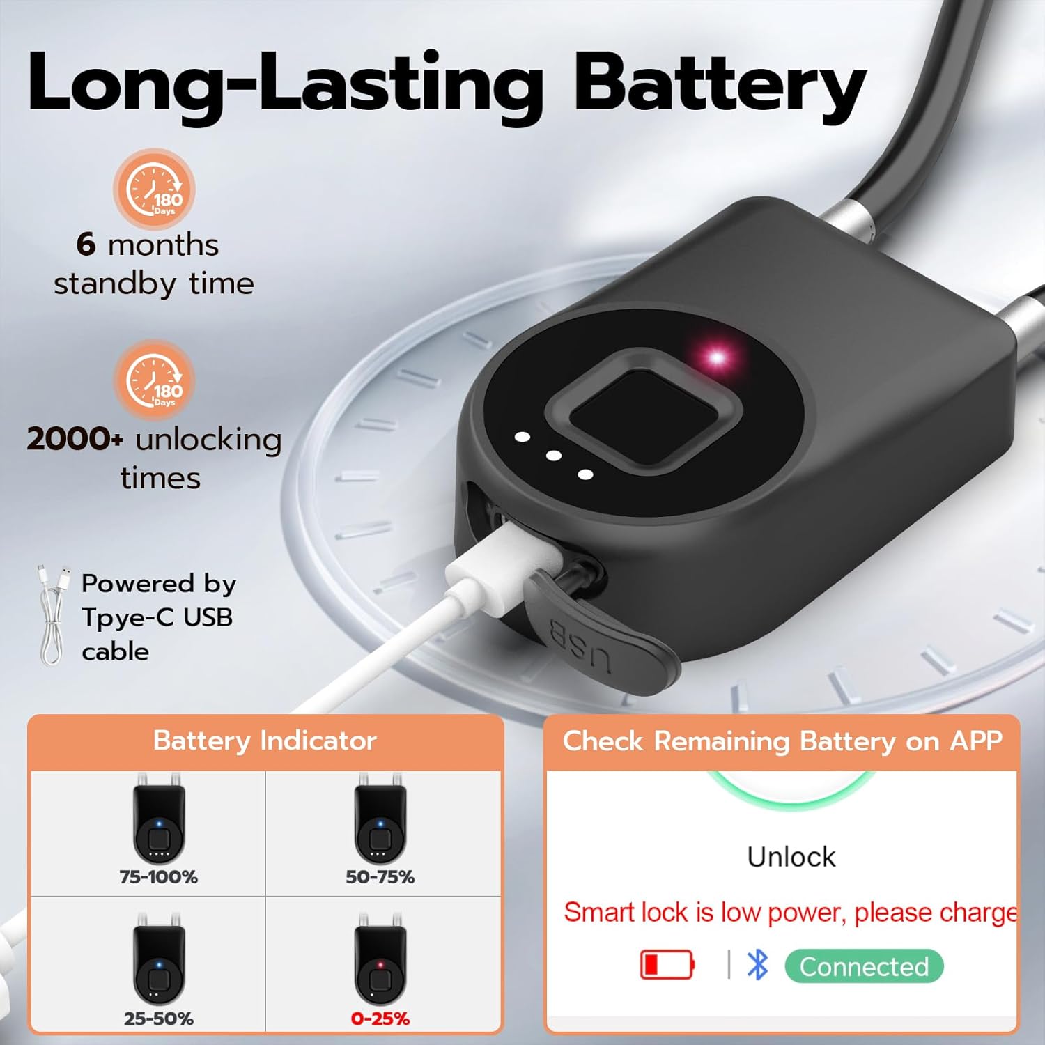 Fingerprint Cable Lock, eLinkSmart Fridge Locks with Bluetooth APP Control, Biometric Smart Padlock for Adults Baby Proof Cabinet Refrigerator French Door Cabinet Gate Locker Bike, 14.9'' Long Black