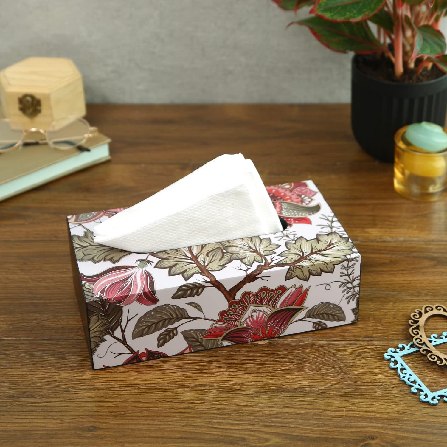 Reinvention Factory Printed Wooden Tissue Box Holder(9 x 5 inch)/Rectangular Napkin Holder/Facial Tissue Holder for Home Office Car Bathroom & Kitchen with Floral Fanatsy Design