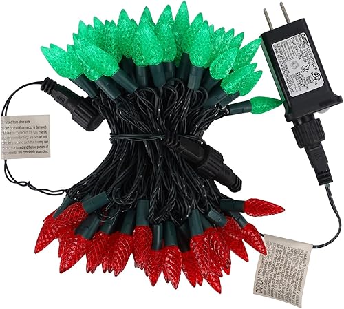 Vista 7 de WATERGLIDE Luces de Navidad C6, 33 pies, 100 luces LED facetadas, luces de hadas de alambre verde con adaptador seguro, 8 modos de iluminación, Rojo
