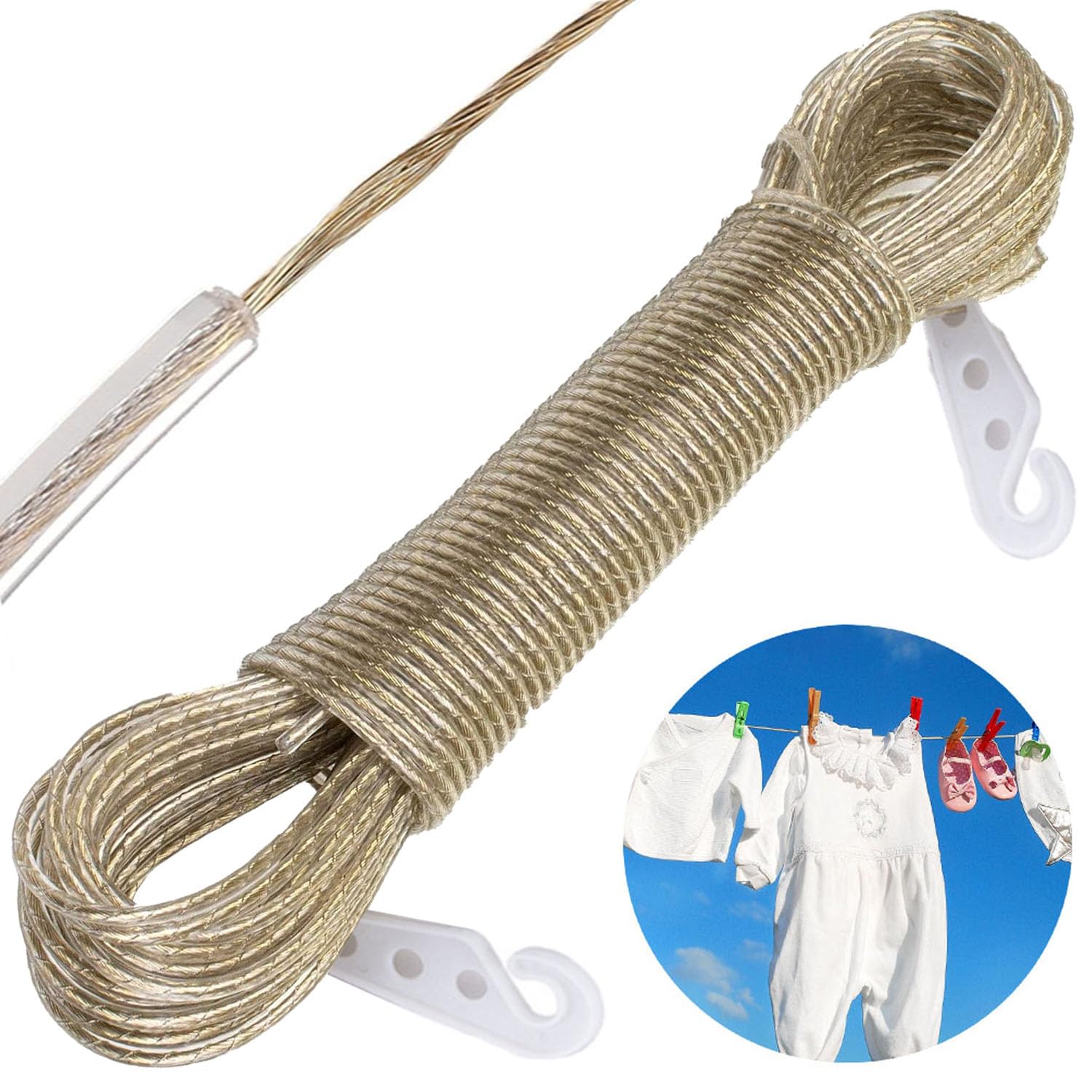 Muiltvoe Washing Line Rope with Steel Core, 20m Washing Line Rope, Heavy Duty Laundry Lines, Rustproof and Waterproof Washing Lines, Clothesline, Long Clothes Lines for Outside Garden Travel