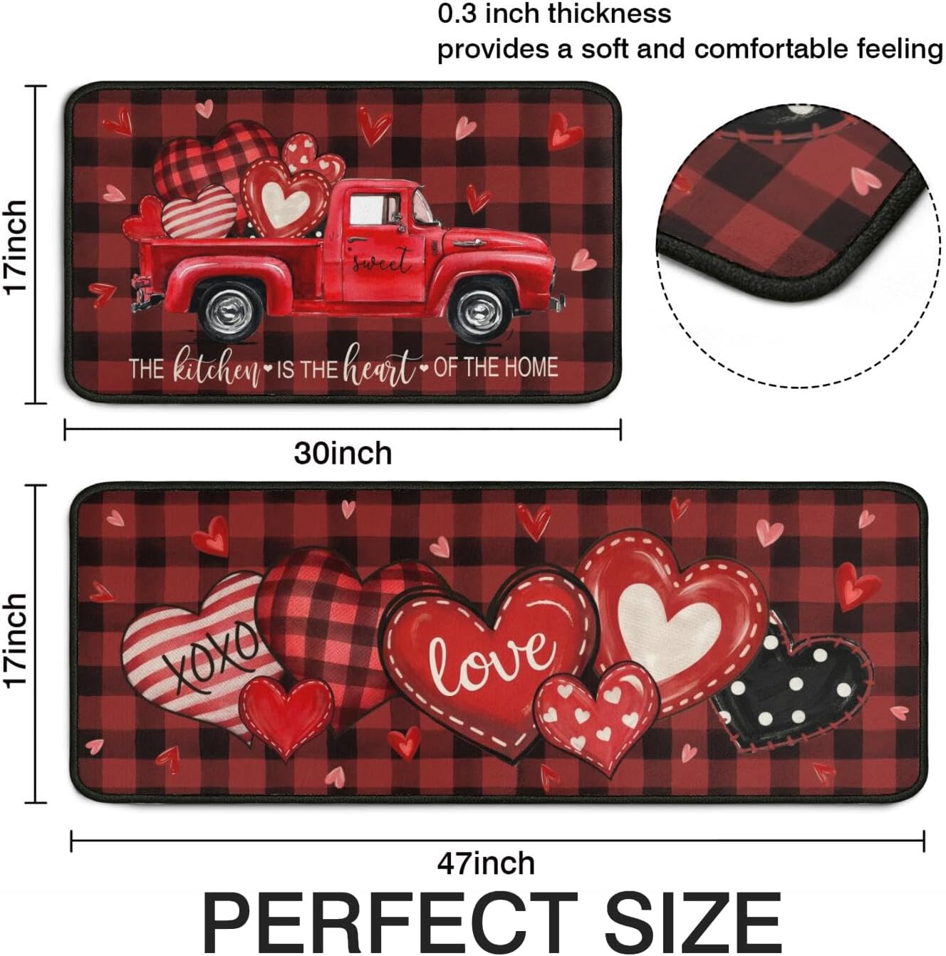 Valentine's Day Kitchen Rugs Set of 2,Red Love Heart Kitchen Mat Non-Slip Washable,Valentine's Day Kitchen Decor Non-Slip Washable Floor Mat for Valentines Day Kitchen Sink Laundry Room,17x30+17x47In