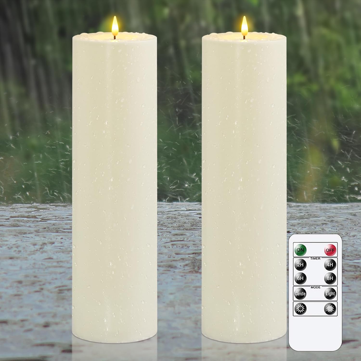 4" x12" Flameless Flickering Waterproof Candles with Remote, LED Battery Operated Timer Plastic White Pack of 2 Pillar Candles for Outdoor Use (Long Lasting 420+ Hrs)